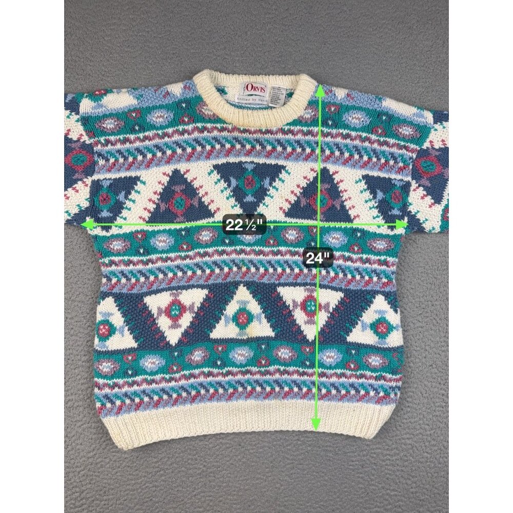 Orvis Sweater Mens Medium Cream Multicolor Geometric Aztec Crewneck Hand Knitted - Picture 3 of 9